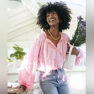 ▪️Emerson Fry India Collection Pink Floral Block Print Bardot Peasant Top